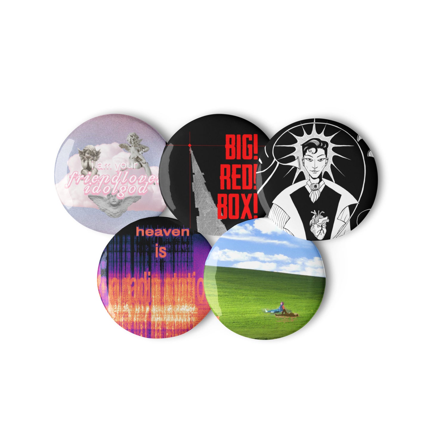 set of 5 BIG! RED! BOX! pin buttons