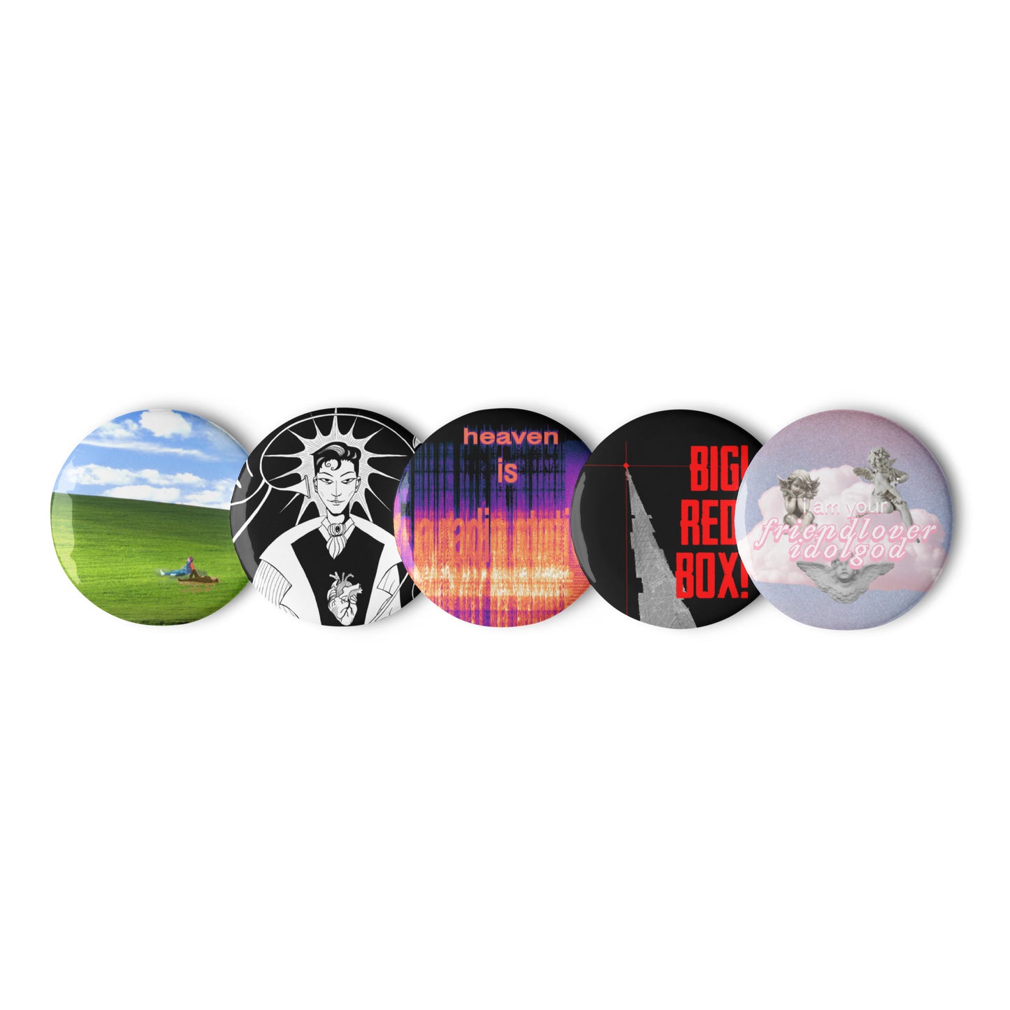set of 5 BIG! RED! BOX! pin buttons
