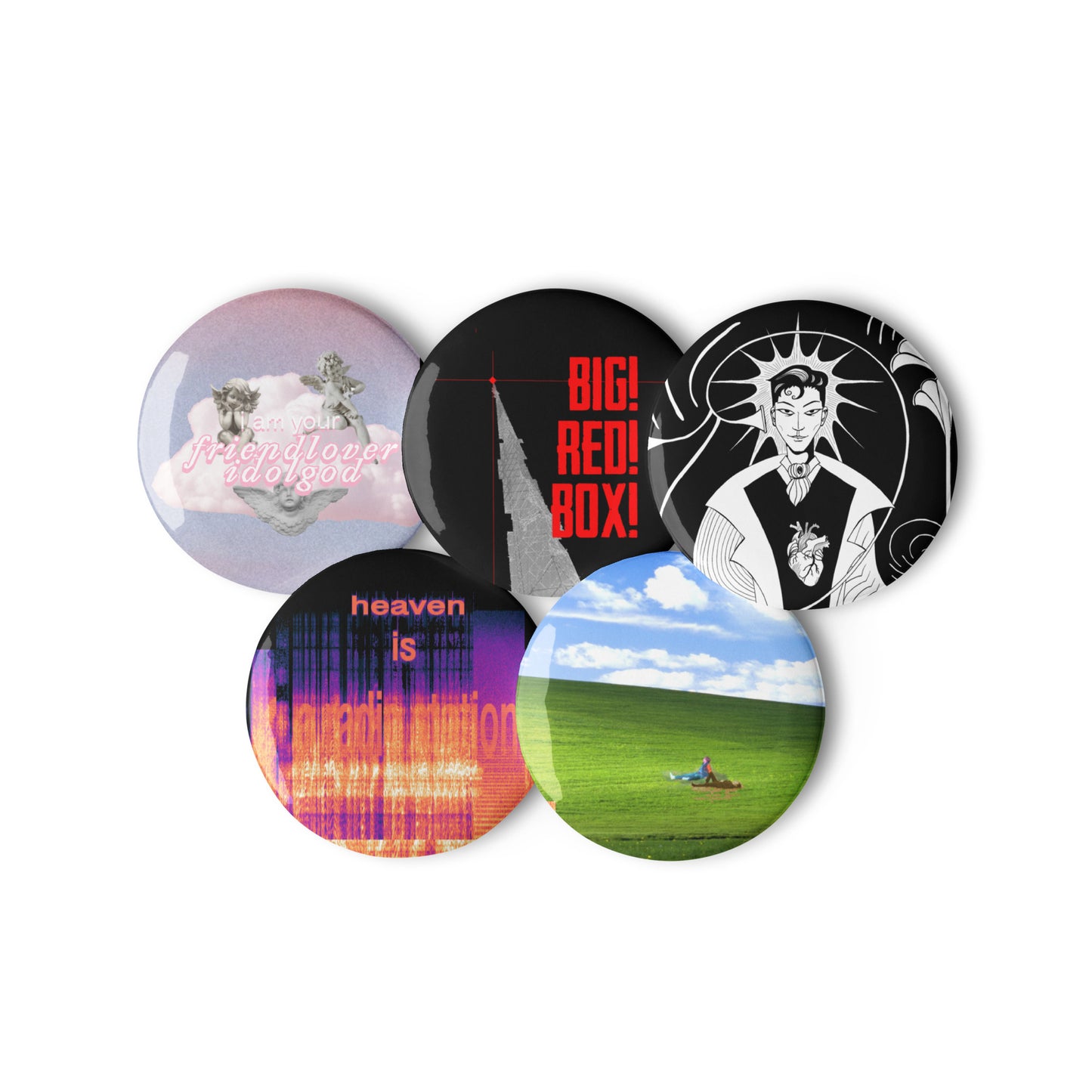 set of 5 BIG! RED! BOX! pin buttons