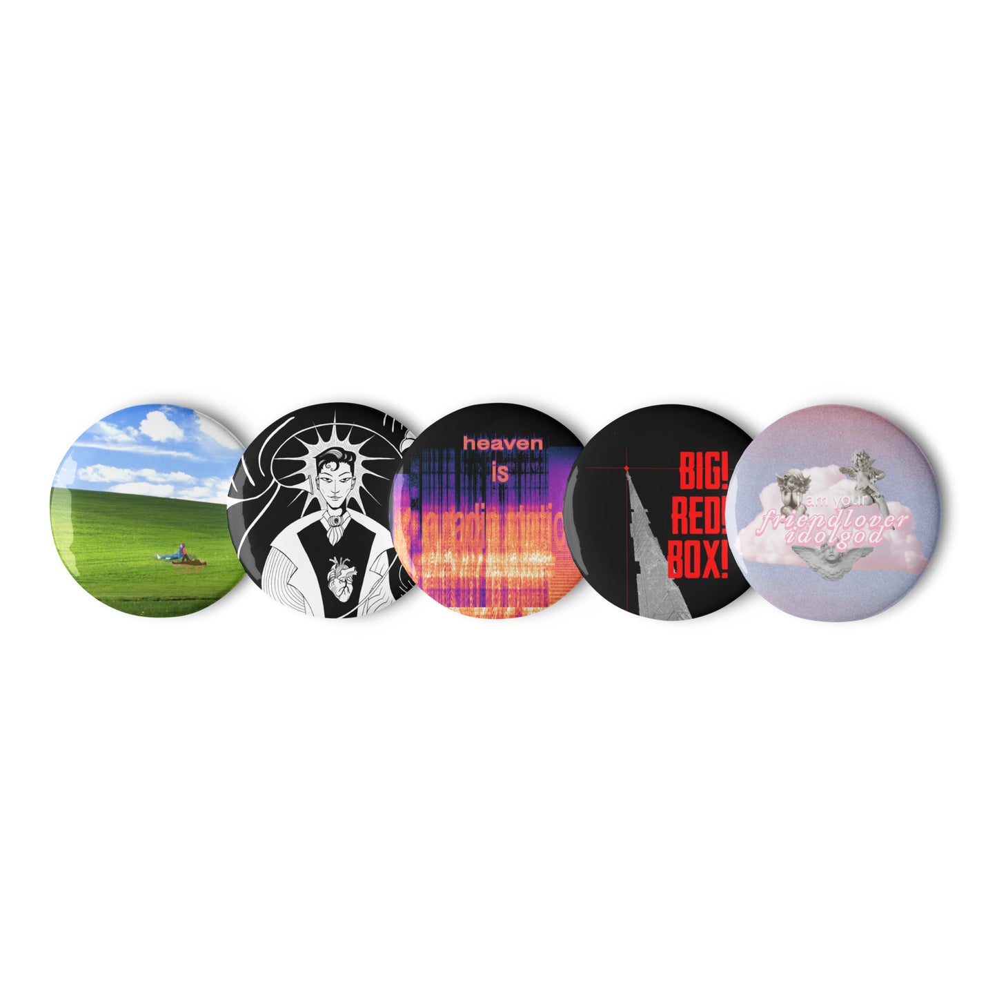 set of 5 BIG! RED! BOX! pin buttons
